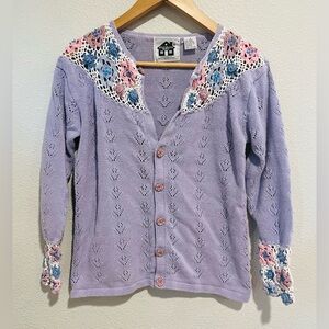 Storybook Knits Vtg Y2K  Knit Cardigan Ramie Cotton Lavender Grannycore Small